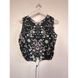 Margaret O'Leary Womens Black Floral Sleeveless Drawstring Hem Top Blouse Casual